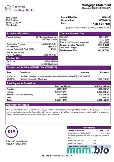 Łotwa Bank RIB wyciąg z kredytu hipotecznego szablon Word i PDF